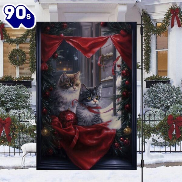 Couple Cats Look At The Window Christmas Garden Flag  Decorate For Christmas