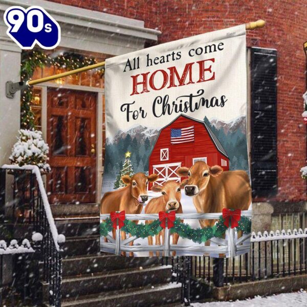 Cow Christmas Flag All Hearts Come Home For Christmas Cattle Jersey  Decorate For Christmas