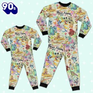 Custom Disney Famous Characters Colorful Team Pajamas Set - Movie Cartoon Holiday Pajamas