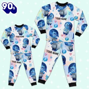 Custom Disney Inside Out Sadness Blue Color Pajamas Set - Movie Cartoon Holiday Pajamas