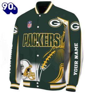 Custom Green Bay Packers Flaming Football Green White Jacket