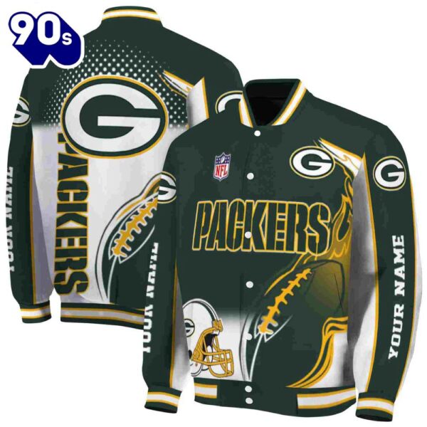 Custom Green Bay Packers Flaming Football Green White Jacket