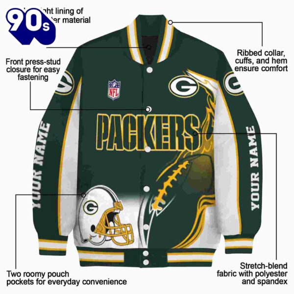 Custom Green Bay Packers Flaming Football Green White Jacket