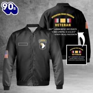 Custom Name 101st Airborne Division Screaming Eagles Operation Iraq Freedom Veteran AOP Fleece Bomber Jacket