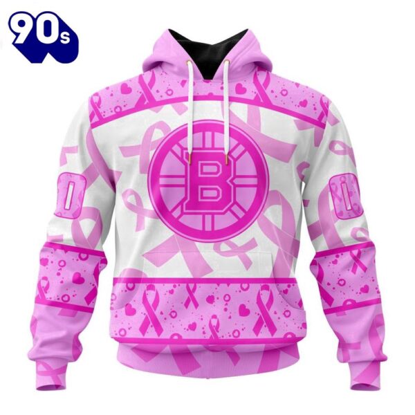 Custom Name And Number NHL Boston Bruins Pink October Breast Cancer Awareness 3D Hoodie