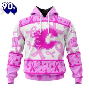 Custom Name And Number NHL Calgary Flames Pink October Breast Cancer Awareness 3D Hoodie