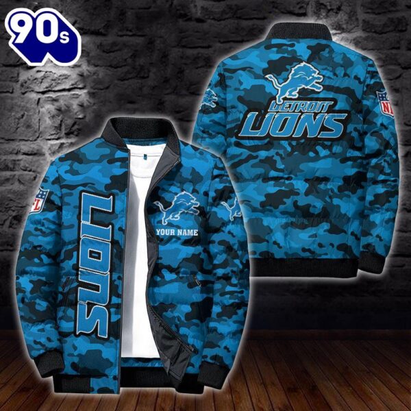 Custom Name Camo Detroit Lions Personalized Puffer Jacket  Veteran Puffer Jacket