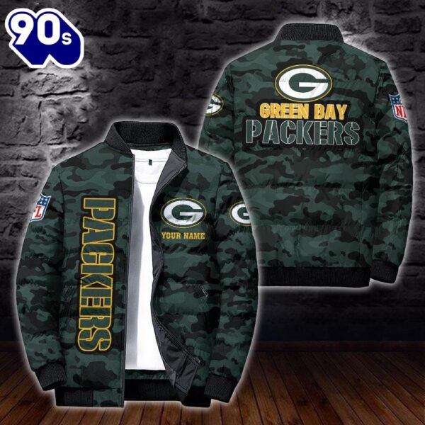 Custom Name Camo Green Bay Packers Personalized Puffer Jacket  Veteran Puffer Jacket