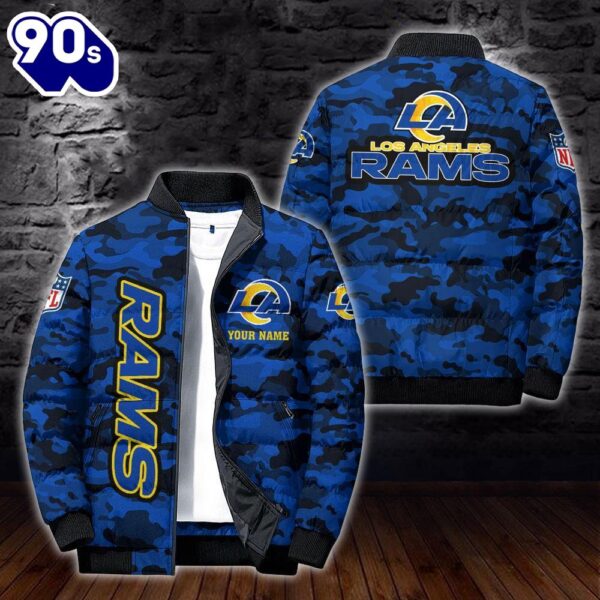 Custom Name Camo Los Angeles Rams Personalized Puffer Jacket  Veteran Puffer Jacket