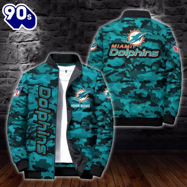 Custom Name Camo Miami Dolphins Personalized Puffer Jacket  Veteran Puffer Jacket