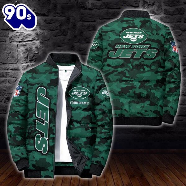 Custom Name Camo New York Jets Personalized Puffer Jacket  Veteran Puffer Jacket