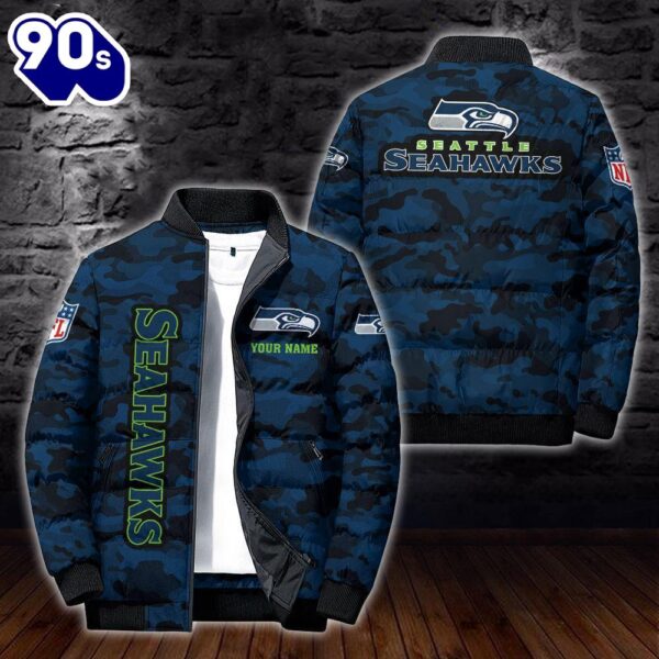 Custom Name Camo Seattle Seahawks Personalized Puffer Jacket  Veteran Puffer Jacket