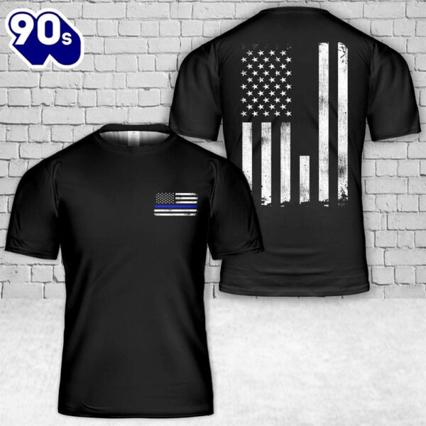 Custom Name Police Thin Blue Line Vertical Flag T-Shirt 3D , Veteran Shirt