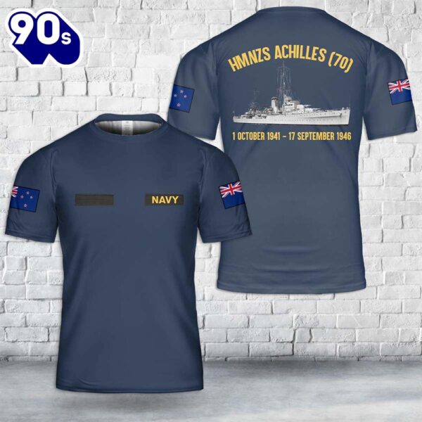 Custom Name Royal New Zealand Navy HMNZS Achilles (70) Leander-class light cruiser In WWII T-Shirt 3D