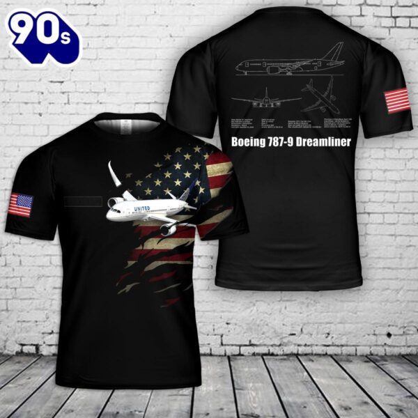 Custom Name United Airlines Boeing 787-9 Dreamliner T-Shirt 3D , Veteran Shirt