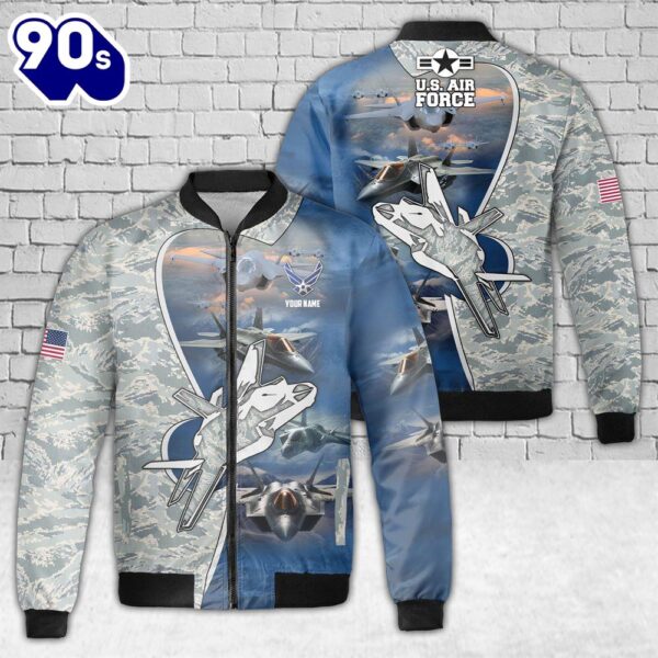 Custom Name US Air Force F-35 Lightning II Aircraft Camo AOP Fleece Bomber Jacket