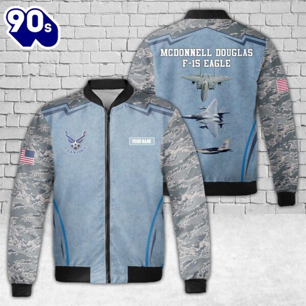 Custom Name US Air Force McDonnell Douglas F-15 Eagle AOP Fleece Bomber Jacket