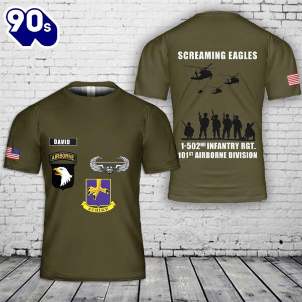 Custom Name US Army 101st Airborne Division 1-502nd 3D T-Shirt