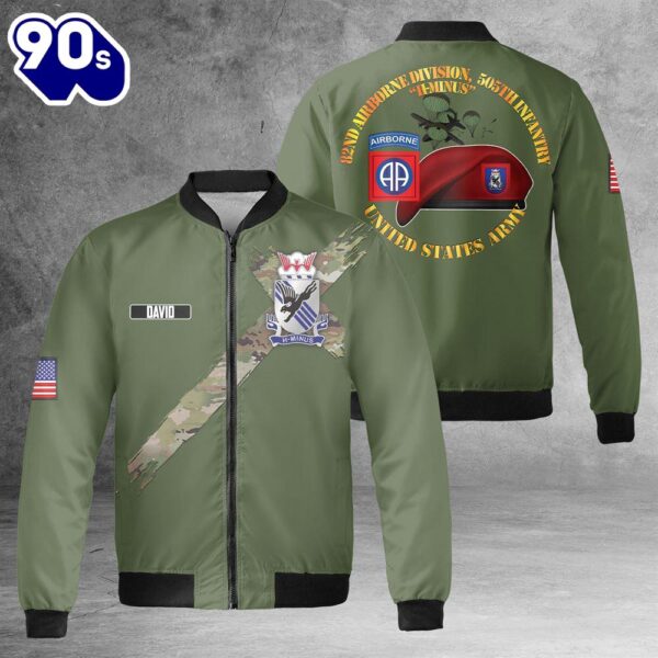 Custom Name US Army 82nd Airborne Division 505th Parachute Infantry Regiment AOP Fleece Bomber Jacket