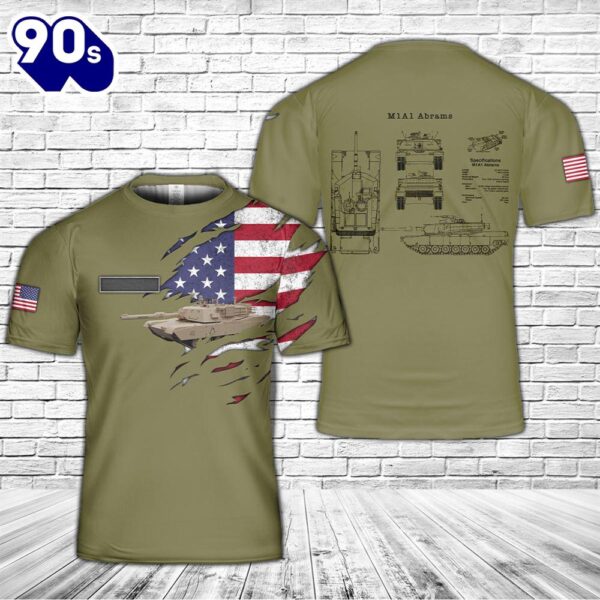 Custom Name US Army M1A1 Abrams Main Battle Tank T-Shirt 3D