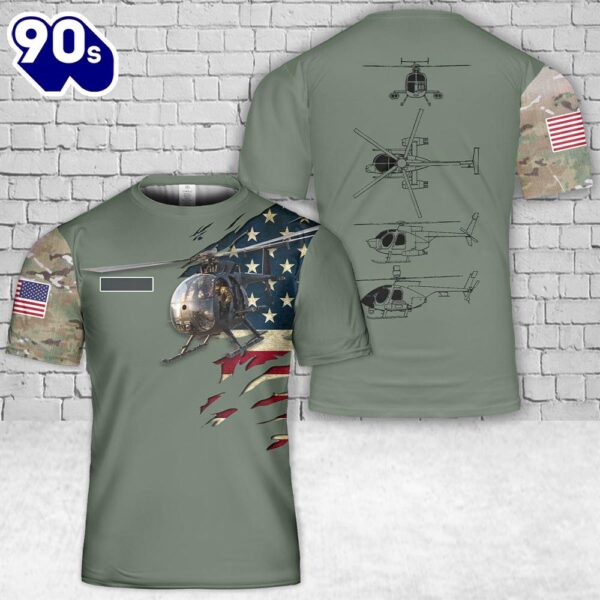 Custom Name US Army MD Helicopters MH-6 Little Bird T-Shirt 3D