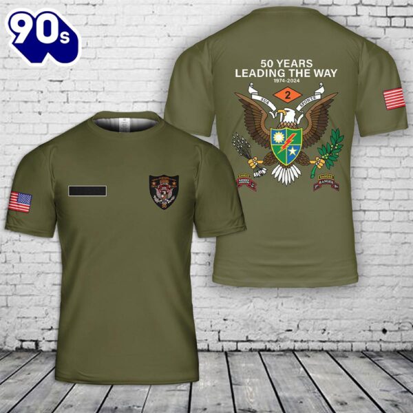 Custom Name US Army Ranger – 2nd Battalion, 75th Infantry Regiment – 50 Year Anniversary Patch (1974-2024) T-Shirt 3D