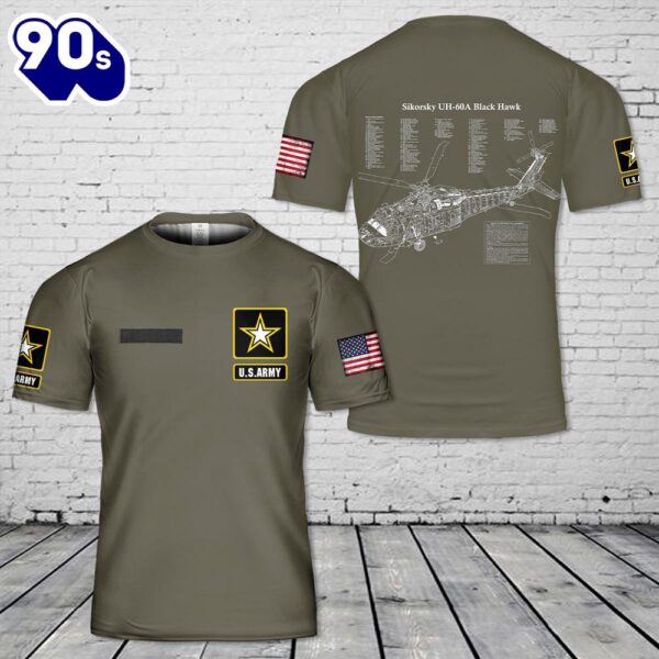 Custom Name US Army UH-60A Black Hawk Helicopter 3D T-shirt