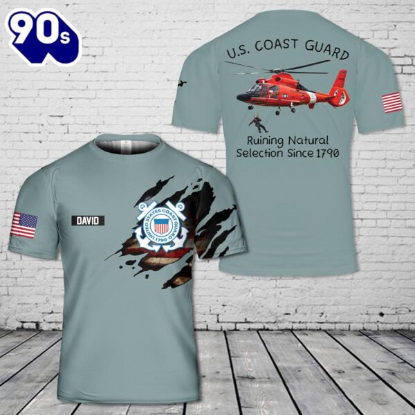 Custom Name US Coast Guard Aerospatiale HH-65C Dolphin Natural Selection 3D T-Shirt , Veteran Shirt