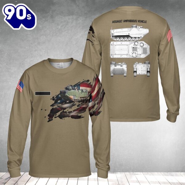 Custom Name U.S. Marine Corps Assault Amphibious Vehicle AAV AOP Long Sleeve Shirt , Veteran Shirt