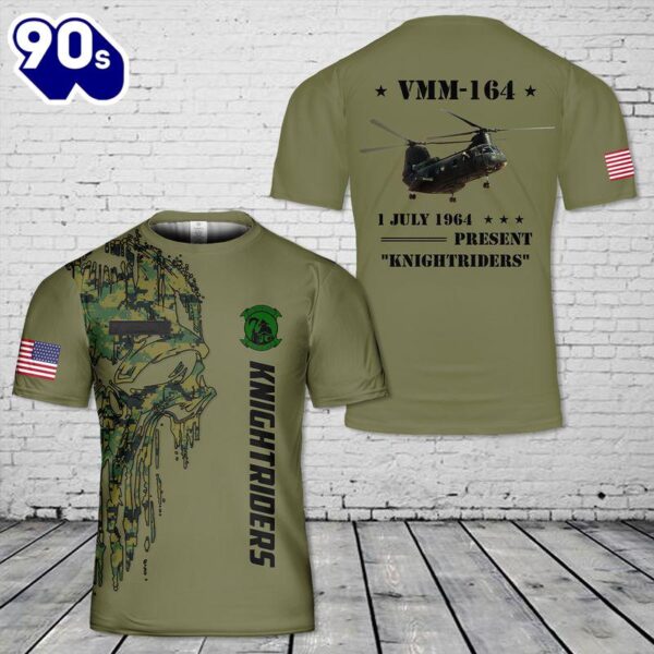 Custom Name U.S. Marine Corps CH-46 Sea Knight Of VMM-164 Knightriders T-Shirt 3D , Veteran Shirt