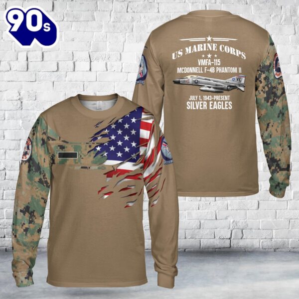 Custom Name US Marine Corps McDonnell F-4B Phantom II Of VMFA-115 AOP Long Sleeve Shirt , Veteran Shirt