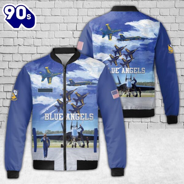 Custom Name US Navy Blue Angels AOP Fleece Bomber Jacket