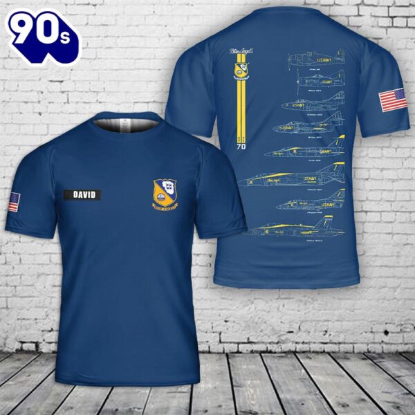 Custom Name US Navy Blue Angels Chronology 70th Blue Print 3D T-Shirt