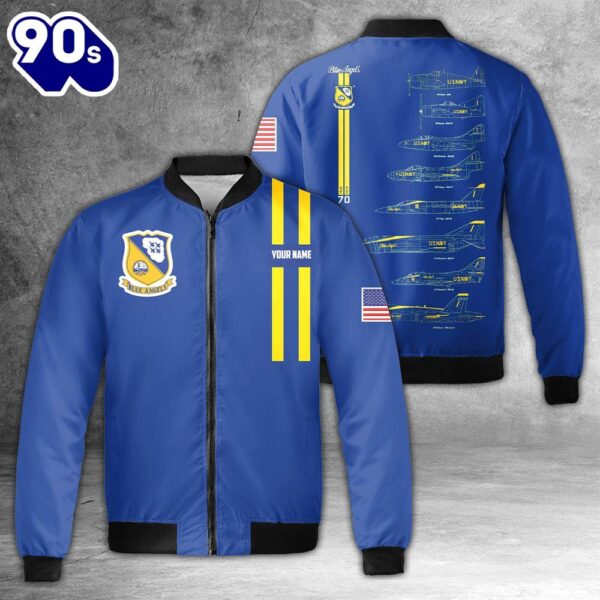 Custom Name US Navy Blue Angels Chronology 70th Blue Print AOP Fleece Bomber Jacket