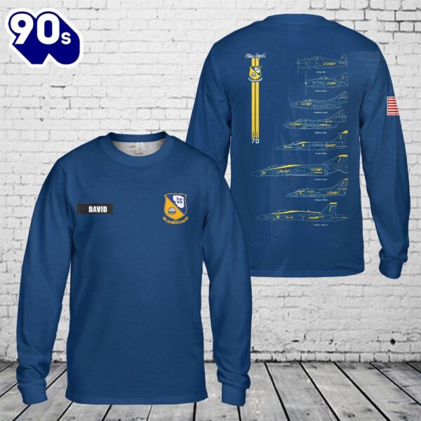 Custom Name US Navy Blue Angels Chronology 70th Blue Print AOP Long Sleeve Shirt