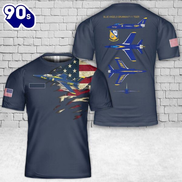 Custom Name US Navy Blue Angels Grumman F-11 Tiger T-Shirt 3D