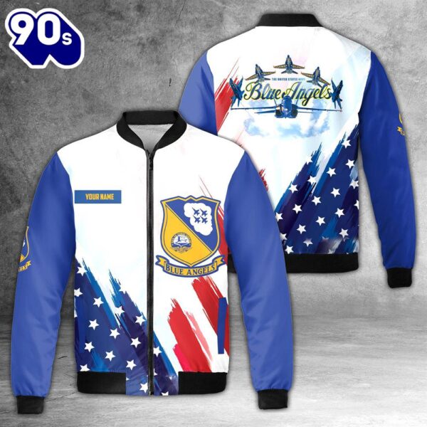 Custom Name US Navy Blue Angles American Flag 4th Of July AOP Fleece Bomber Jacket