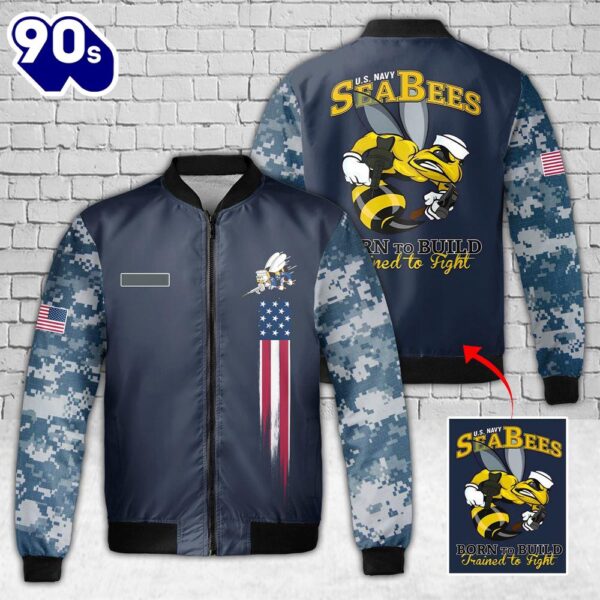 Custom Name US Navy – Seabees – Born To Build Trained To Fight Fleece Bomber Jacket 3D