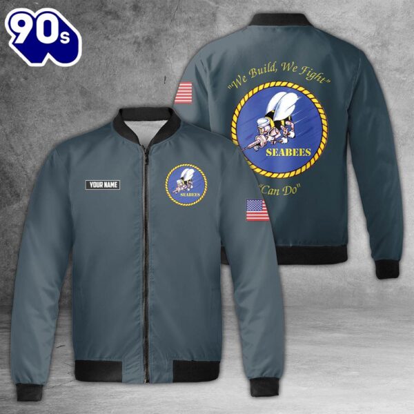 Custom Name US NAVY Seabees We Build, We Fight, Can Do AOP Fleece Bomber Jacket