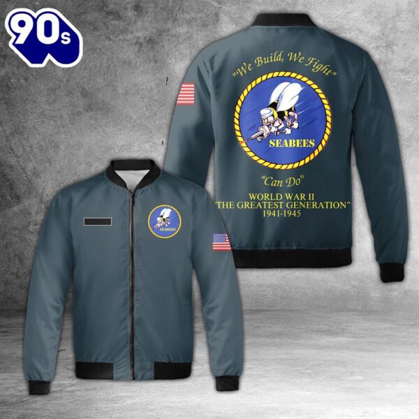 Custom Name US NAVY Seabees World War II 1941-1945 AOP Fleece Bomber Jacket