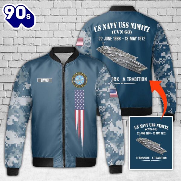 Custom Name US Navy USS Nimitz (CVN-68) AOP Fleece Bomber Jacket