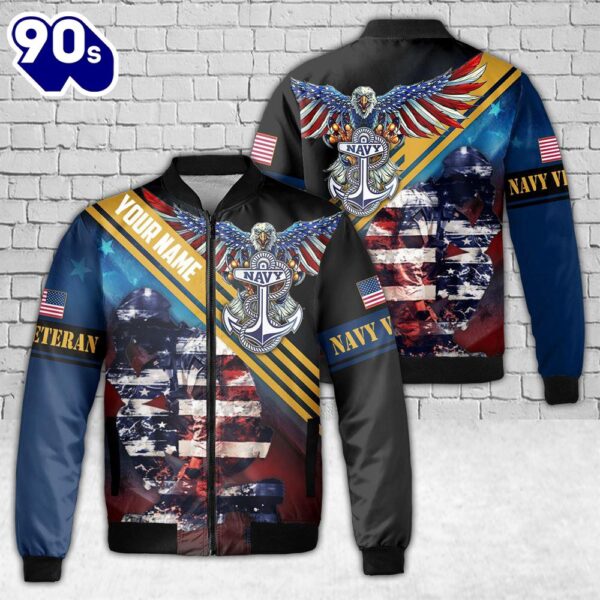 Custom Name US Navy Veteran AOP Fleece Bomber Jacket American Eagle Flag Veteran Day Gift Dad