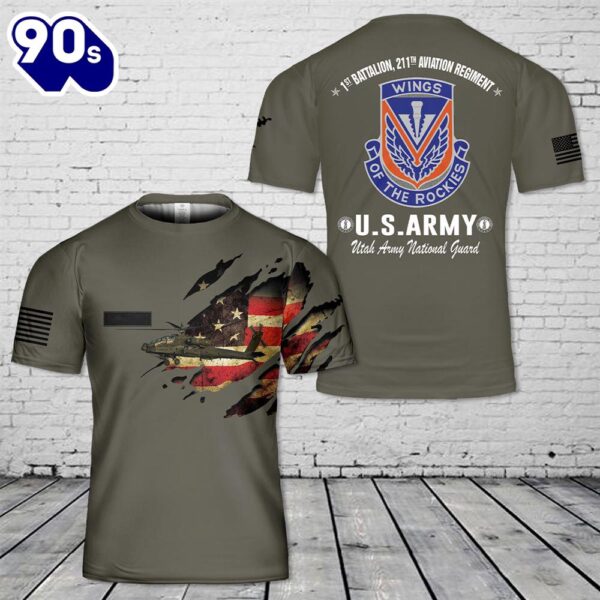 Custom Name Utah Army National Guard Battalion 211th Aviation Regiment 1st AH-64 Apache helicopter T-Shirt 3D