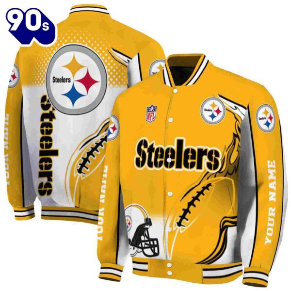 Custom Pittsburgh Steelers Flaming Football Gold White Jacket