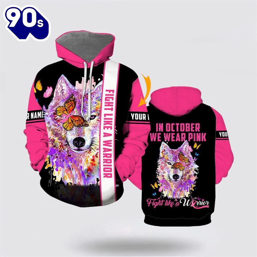 Customized Breast Cancer Watercolor Wolf Butterfly All Over Print Hoodie Customized Breast Cancer Watercolor Wolf Butterfly All Over Print Hoodie