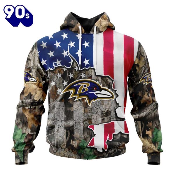 Customized NFL Baltimore Ravens USA Flag Camo Realtree Hunting Unisex Tshirt