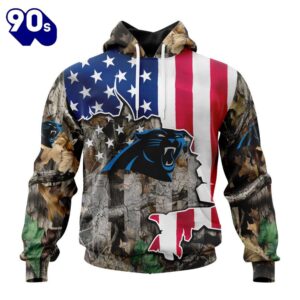 Customized NFL Carolina Panthers USA Flag Camo Realtree Hunting Unisex Tshirt