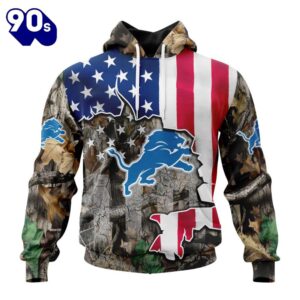 Customized NFL Detroit Lions USA Flag Camo Realtree Hunting Unisex Tshirt