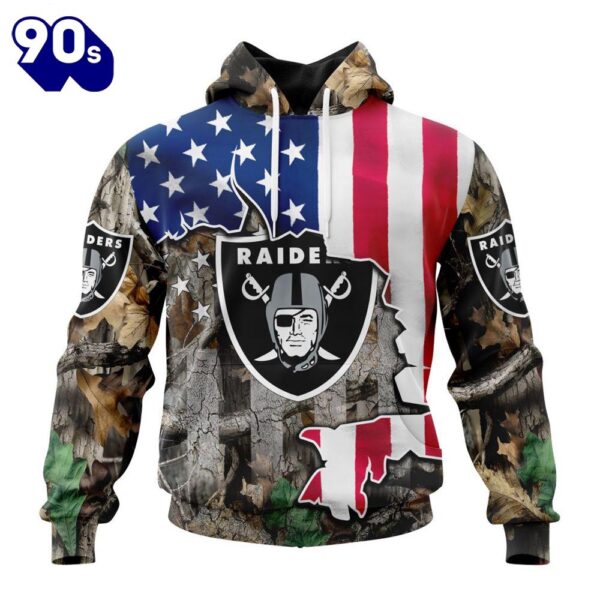 Customized NFL Las Vegas Raiders USA Flag Camo Realtree Hunting Unisex Tshirt