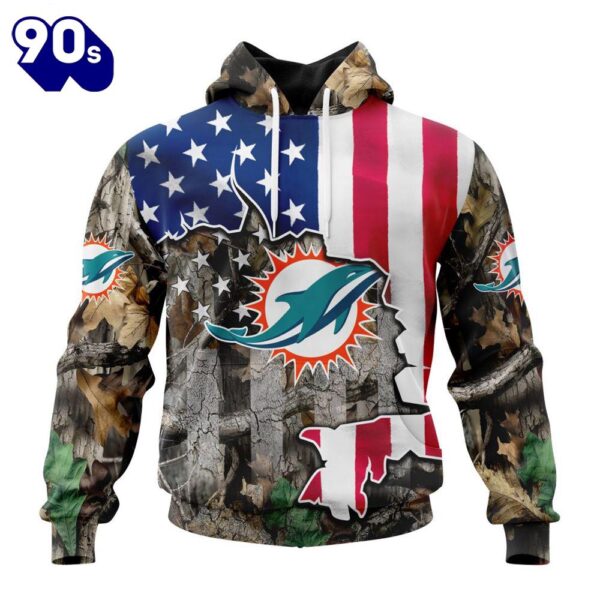 Customized NFL Miami Dolphins USA Flag Camo Realtree Hunting Unisex Tshirt